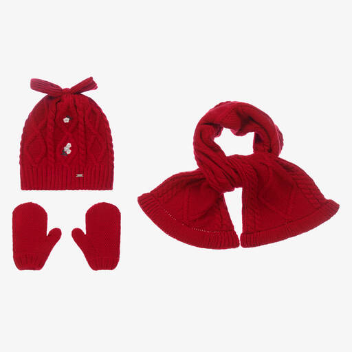 Mayoral-Écharpe, bonnet et moufles rouges | Childrensalon Outlet