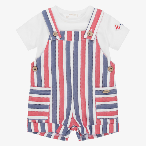 Mayoral Newborn-طقم شورت دانغريز قطن جيرسي مقلم لون أحمر وأزرق للمواليد | Childrensalon Outlet