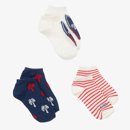 Mayoral-Teen Boys Ivory & Blue Palm Tree Socks (3 Pack) | Childrensalon Outlet