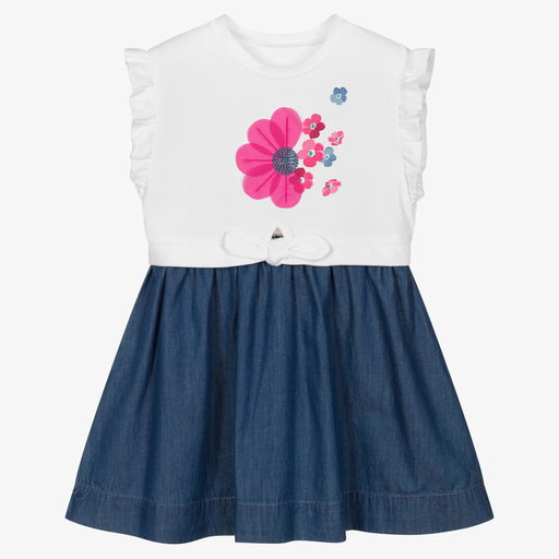 Mayoral-White & Blue Chambray Dress | Childrensalon Outlet