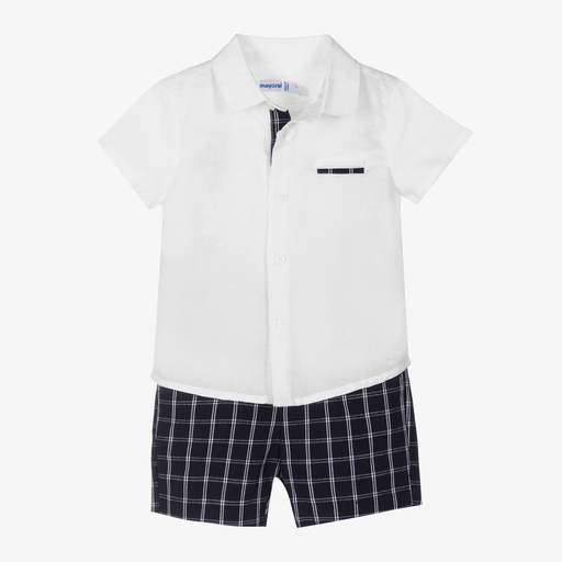 Mayoral-White & Blue Linen Shorts Set  | Childrensalon Outlet