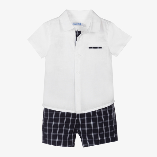 Mayoral-طقم شورت أطفال ولادي مزيج قطن وكتان لون أبيض وكحلي | Childrensalon Outlet