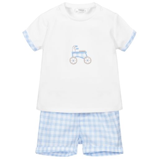 Mayoral Newborn-طقم شورت وتيشيرت قطن لون أبيض وأزرق للمواليد | Childrensalon Outlet