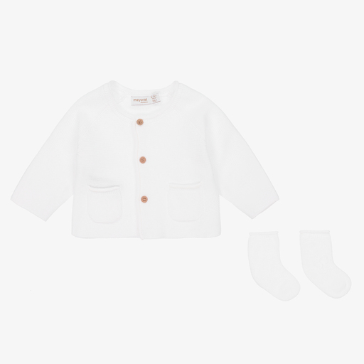 Mayoral Newborn-طقم كارديغان وجوارب قطن عضوي محبوك لون أبيض للمولودات | Childrensalon Outlet