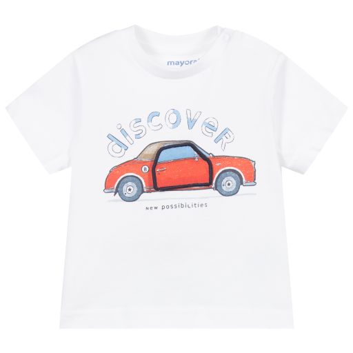 Mayoral-White Cotton Car T-Shirt | Childrensalon Outlet