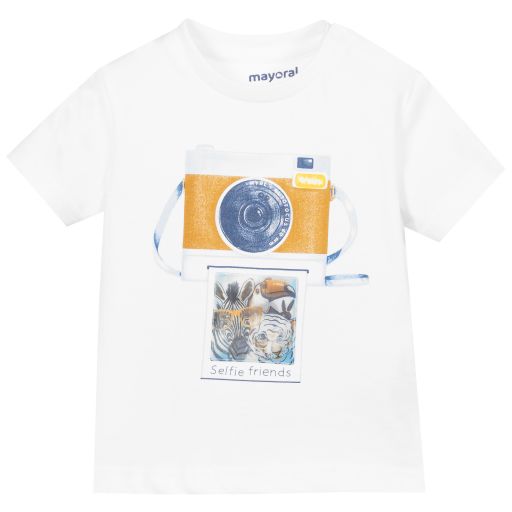 Mayoral-White Cotton Photo T-Shirt | Childrensalon Outlet
