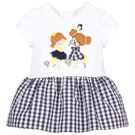 Mayoral-White & Navy Blue Cotton Dress | Childrensalon Outlet