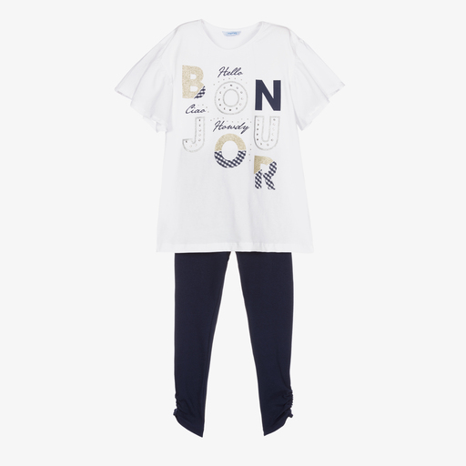 Mayoral-White & Navy Blue Leggings Set | Childrensalon Outlet