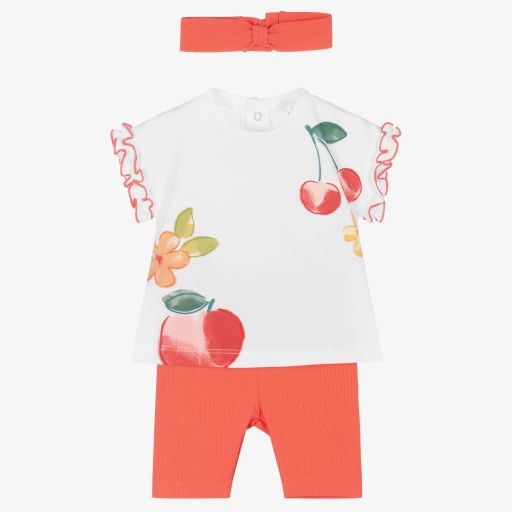 Mayoral Newborn-طقم ليغنغز قطن جيرسي لون أبيض وبرتقالي مرجاني للمولودات | Childrensalon Outlet