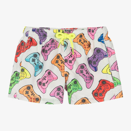 MC2 Saint Barth-Boys White Gaming Swim Shorts | Childrensalon Outlet