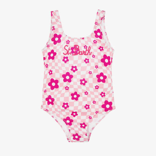 MC2 Saint Barth-Girls Pink Daisy Check Logo Swimsuit | Childrensalon Outlet