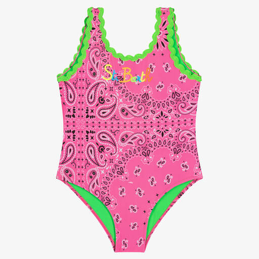 MC2 Saint Barth-Girls Pink Paisley Print Logo Swimsuit | Childrensalon Outlet