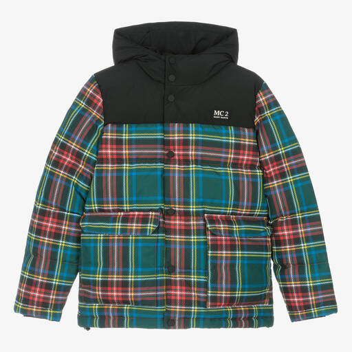 MC2 Saint Barth-Teen Boys Green Tartan Peanuts Puffer Jacket | Childrensalon Outlet