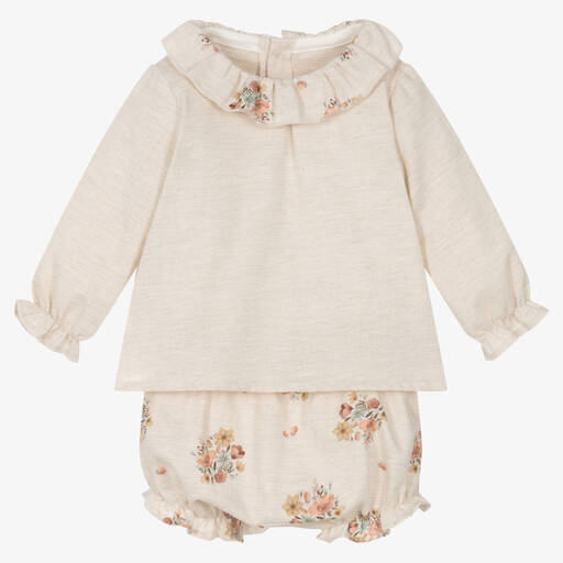 Mebi-Baby Girls Beige Cotton Shorts Set | Childrensalon Outlet