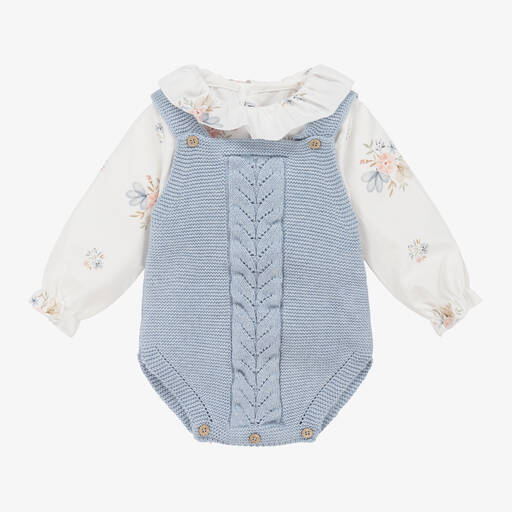 Mebi-طقم تبّان قطن لون أبيض وأزرق بطبعة ورود | Childrensalon Outlet