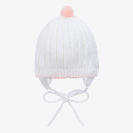 Mebi-Baby Girls White & Pink Knitted Pom-Pom Hat | Childrensalon Outlet