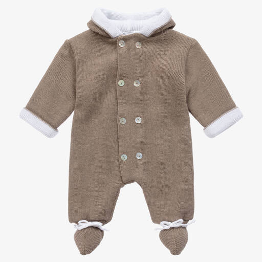 Mebi-Beige & White Knitted Baby Pramsuit | Childrensalon Outlet
