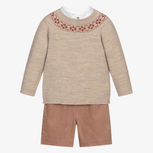 Mebi-Beige Wool Blend Shorts Set | Childrensalon Outlet