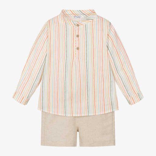 Mebi-Boys Beige Cotton & Linen Shorts Set | Childrensalon Outlet