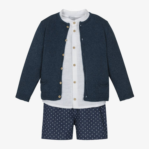 Mebi-Boys Blue Anchor Cotton Shorts Set | Childrensalon Outlet