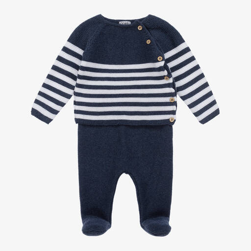 Mebi-Boys Blue Cotton Knit 2 Piece Babygrow | Childrensalon Outlet