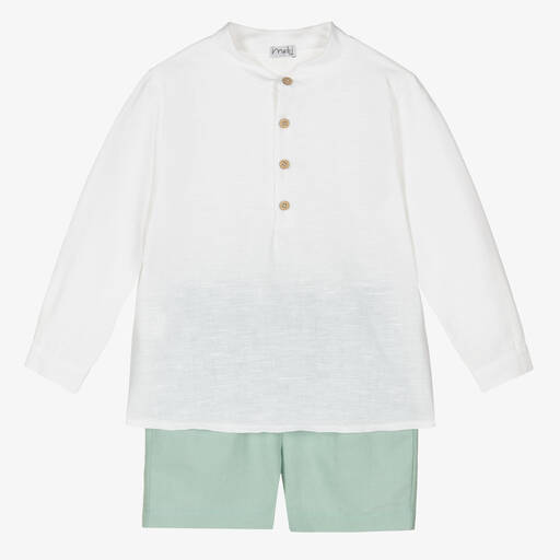 Mebi-Льняная рубашка и зеленые шорты из хлопка | Childrensalon Outlet