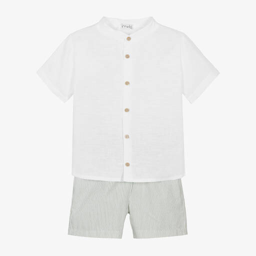 Mebi-Boys White & Green Stripe Shorts Set | Childrensalon Outlet
