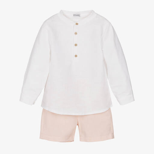 Mebi-Boys White Linen Shirt & Pink Shorts Set | Childrensalon Outlet