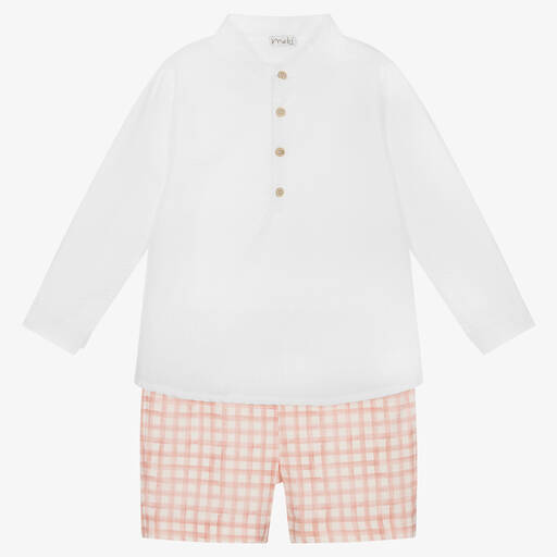 Mebi-Белая рубашка и розовые шорты в клетку | Childrensalon Outlet