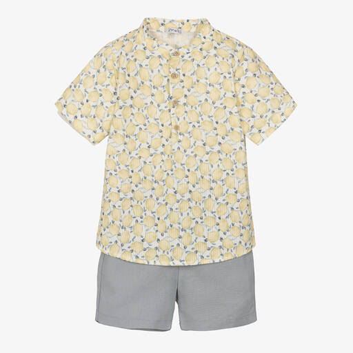 Mebi-Желтая рубашка с черепахами и серые шорты | Childrensalon Outlet
