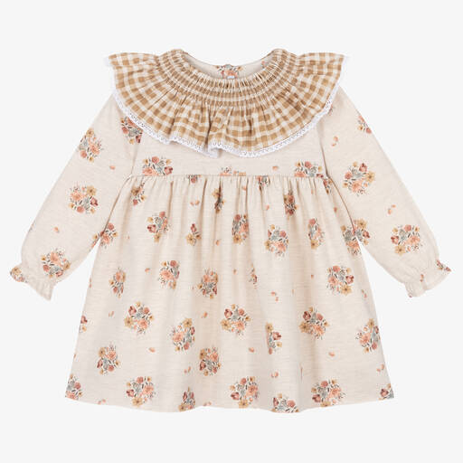 Mebi-Girls Beige Floral Cotton Dress | Childrensalon Outlet