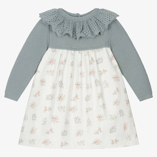 Mebi-Robe coton bleu et ivoire à fleurs | Childrensalon Outlet