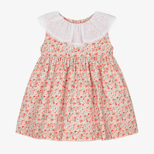 Mebi-Girls Coral Pink Floral Cotton Dress | Childrensalon Outlet
