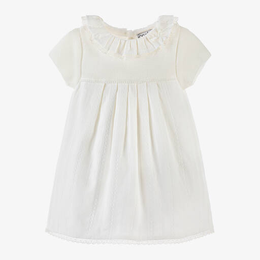 Mebi-Girls Ivory Cotton Frill Collar Dress | Childrensalon Outlet