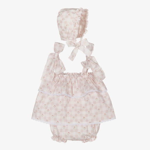 Mebi-Girls Ivory Floral Check Shorts Set | Childrensalon Outlet