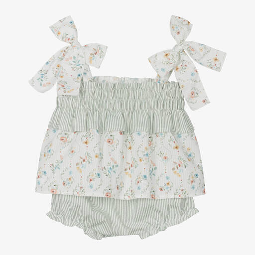 Mebi-Girls Ivory & Green Cotton Shorts Set | Childrensalon Outlet