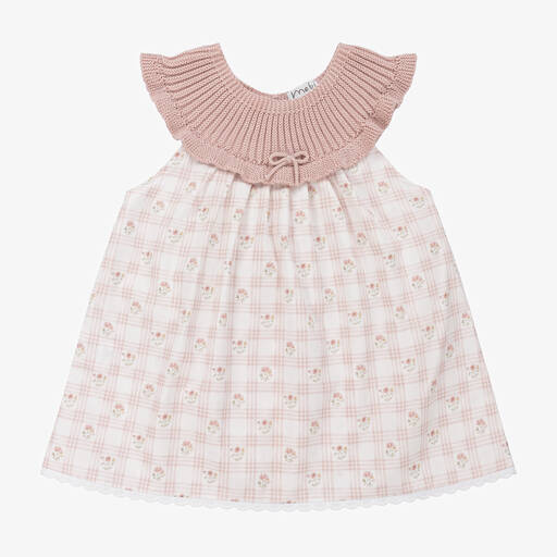 Mebi-فستان قطن كاروهات لون عاجي وزهري بطبعة ورود | Childrensalon Outlet