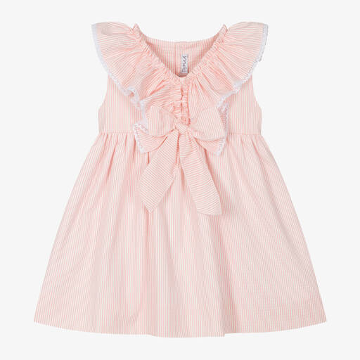 Mebi-Girls Pink Striped Cotton Ruffle Dress | Childrensalon Outlet