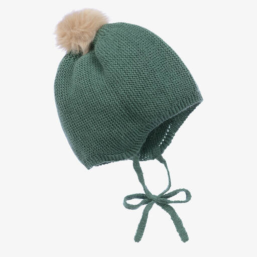 Mebi-Green Knitted Pom-Pom Baby Hat | Childrensalon Outlet