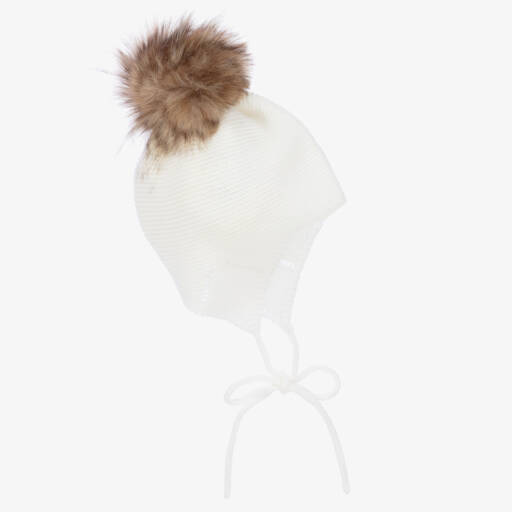 Mebi-Ivory Knitted Hat With Faux Fur Pom-Pom | Childrensalon Outlet