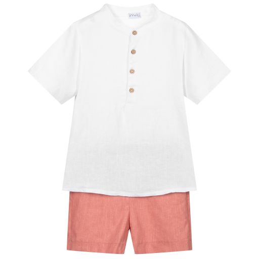 Mebi-Red & White Linen Shorts Set | Childrensalon Outlet