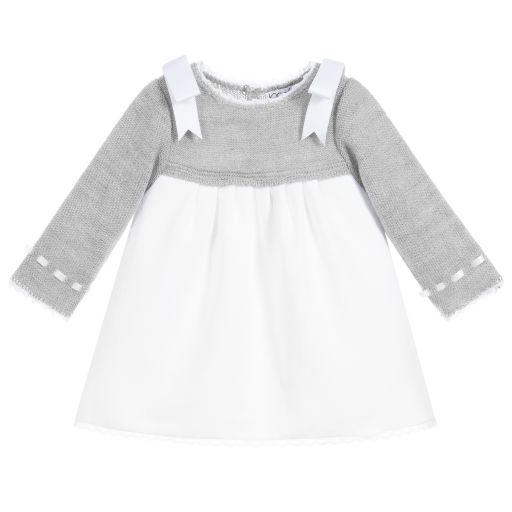 Mebi-White & Grey Satin Bow Dress | Childrensalon Outlet