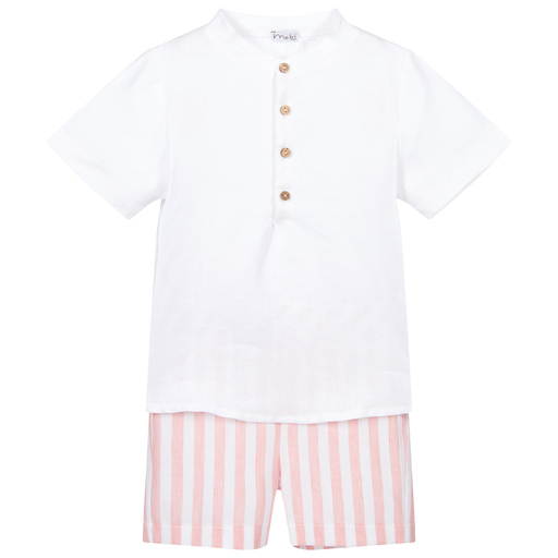 Mebi-White & Pink Linen Shorts Set | Childrensalon Outlet