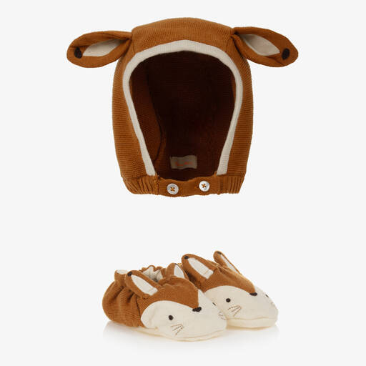 Meri Meri-Brown Knitted Baby Hat & Booties Set | Childrensalon Outlet