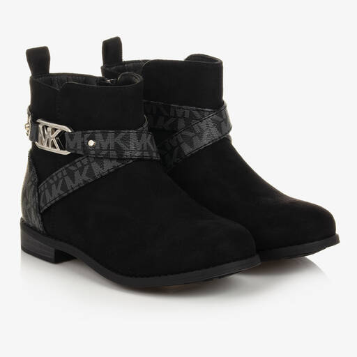 Michael Kors Kids-Girls Black Faux Suede Leather MK Boots | Childrensalon Outlet