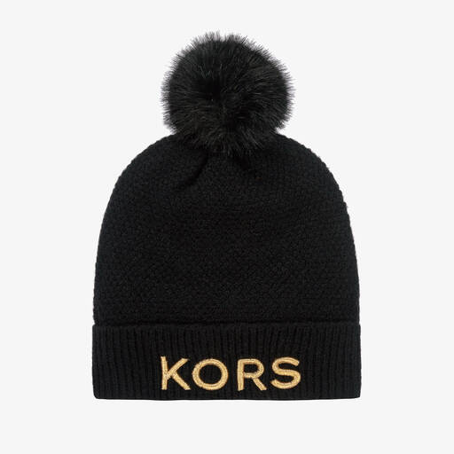 Michael Kors Kids-قبعة بوم-بوم مزيج صوف محبوك لون أسود للبنات | Childrensalon Outlet