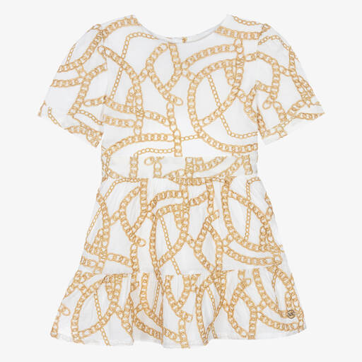 Michael Kors Kids-Girls Ivory Embroidered Gold Chain Dress | Childrensalon Outlet