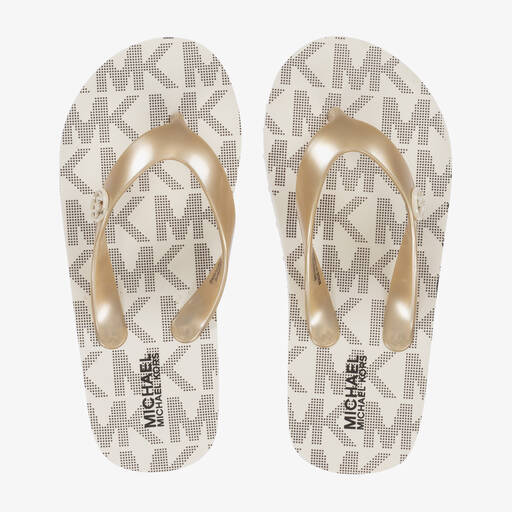 Michael Kors Kids-Girls Ivory & Gold Logo Flip-Flops | Childrensalon Outlet