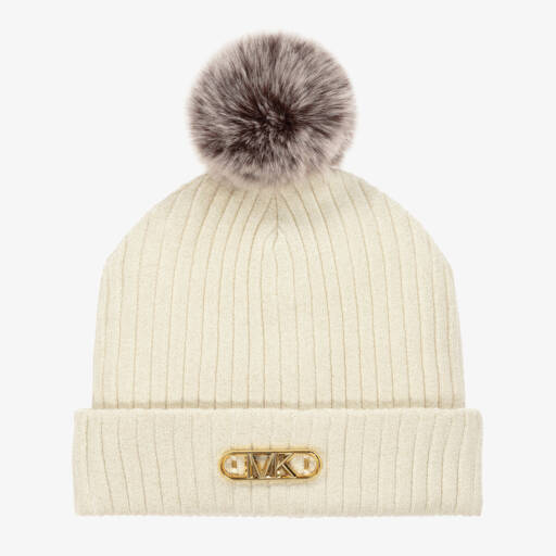 Michael Kors Kids-قبعة بوم بوم صوف وقطن لون عاجي للبنات | Childrensalon Outlet