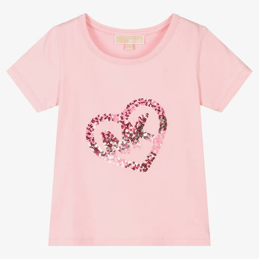 Michael Kors Kids-Girls Pink Sequin Heart Logo T-Shirt | Childrensalon Outlet